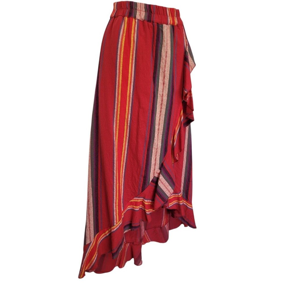 R Cinco Ranch Skirt L Asymmetrical Hem Faux Wrap Red Stripe Elastic Waist Ruffle - Picture 3 of 13